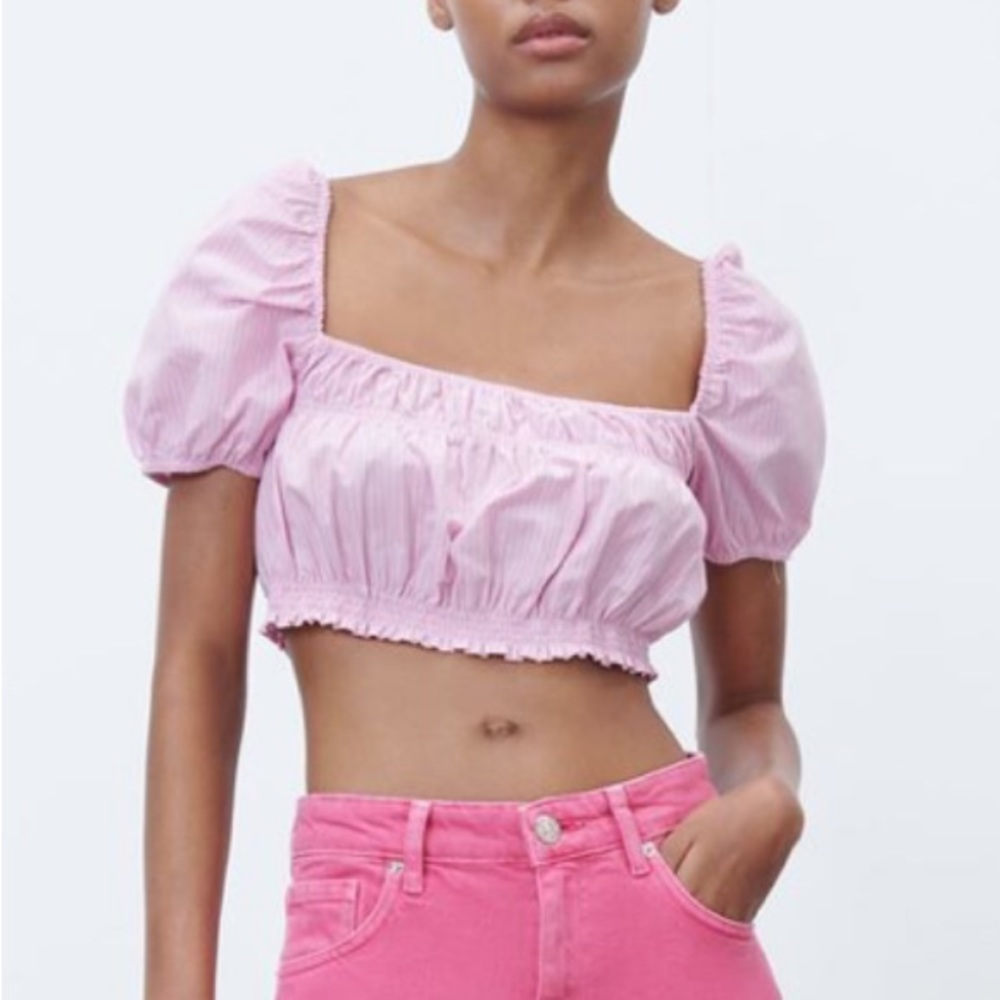 NWT Zara Poplin Crop Top Pink / White | Puff Sleeves | XS | Ref 3042/678